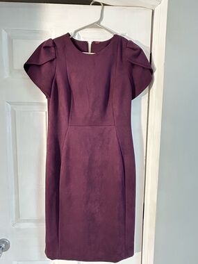 Calvin Klein Faux Suede Deep Purple Midi Dress with Sculpted Puff Sleeves